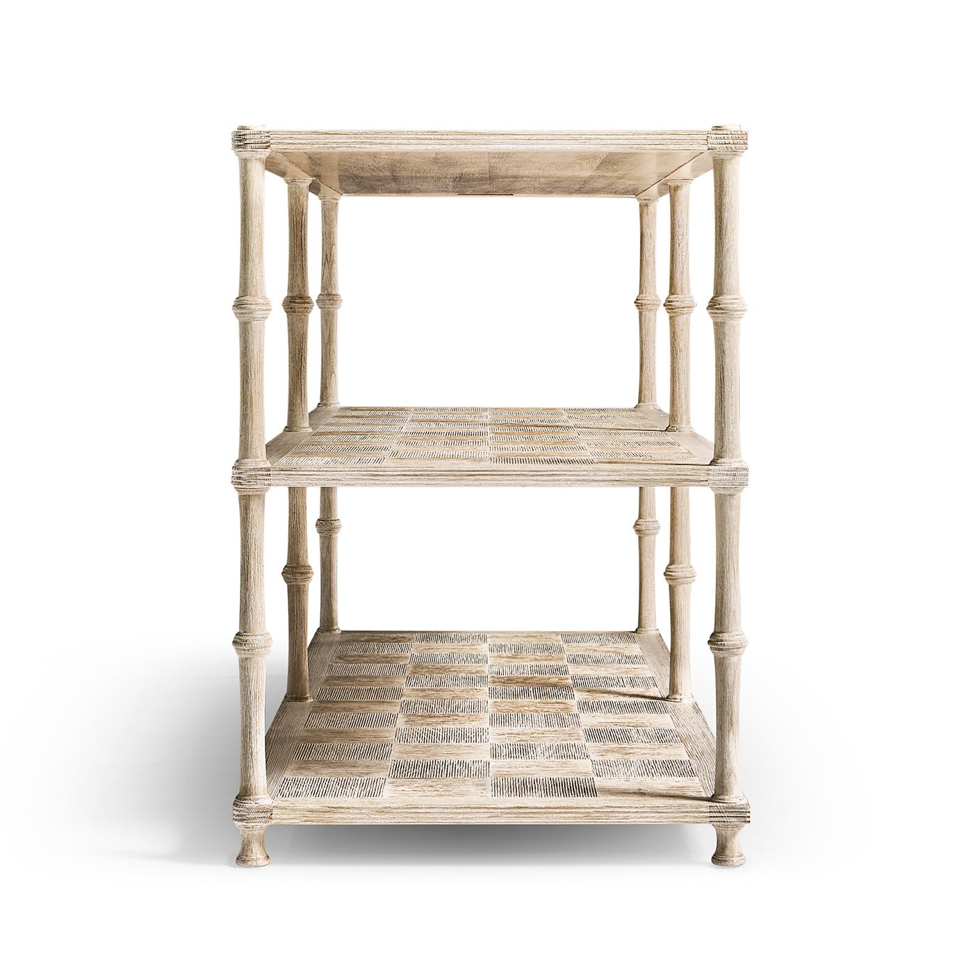 Side view of console table, three-tier structure displayed.