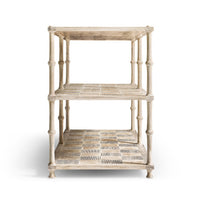 Side view of console table, three-tier structure displayed.