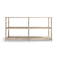 Straight-on view of three-tier washed console table, wooden finish.