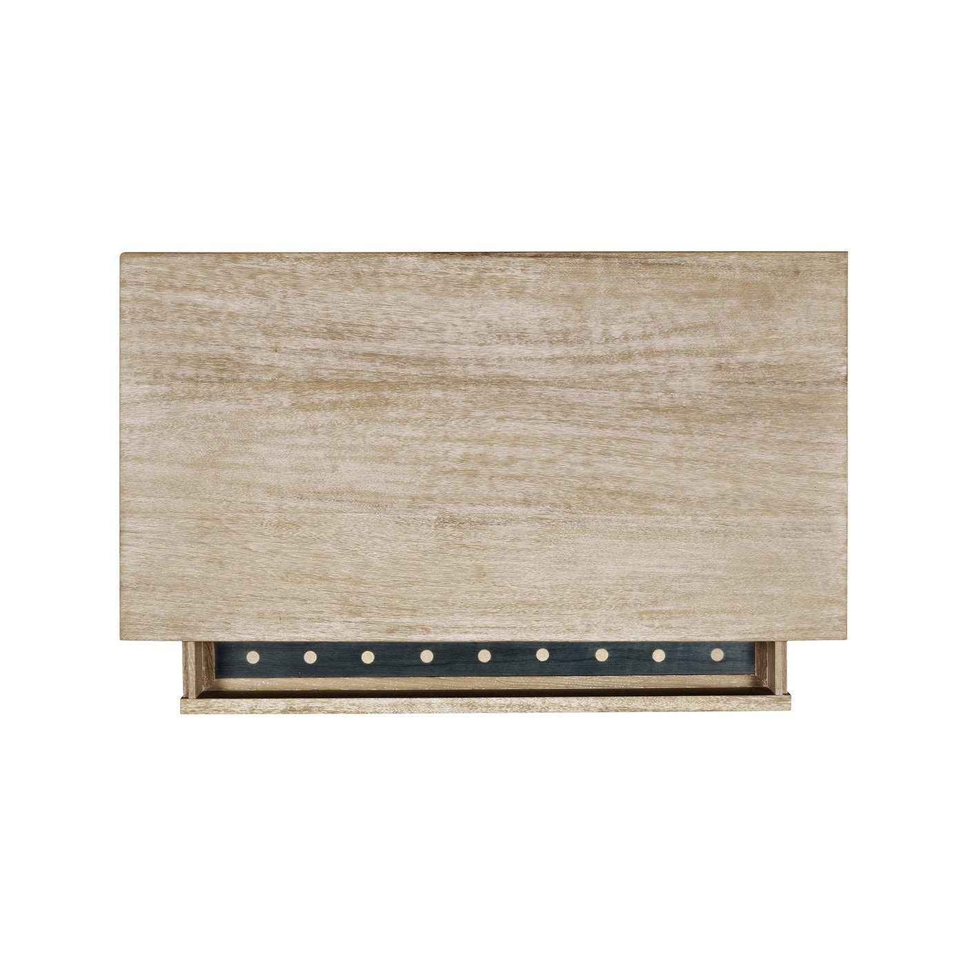 Top view highlighting drawer detail of whitewashed end table.