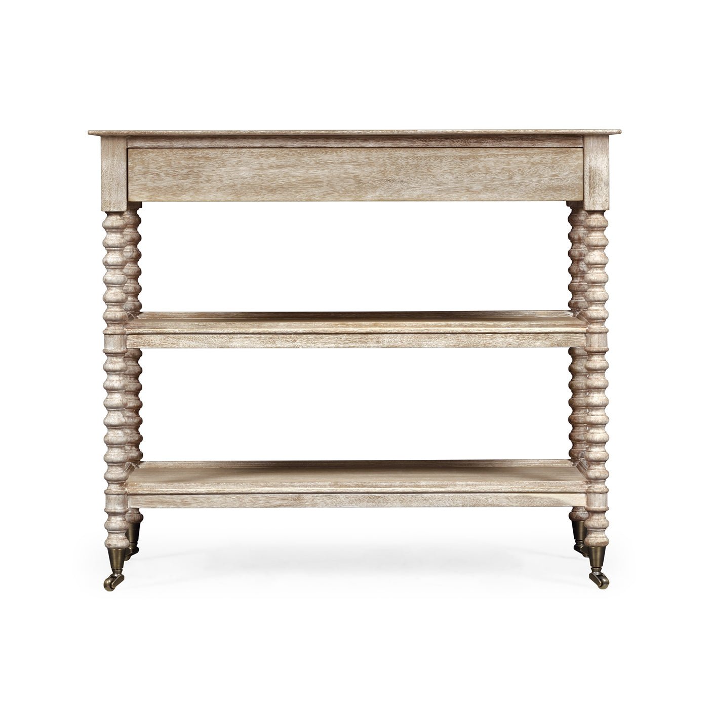 Front view of whitewashed end table with turned legs.