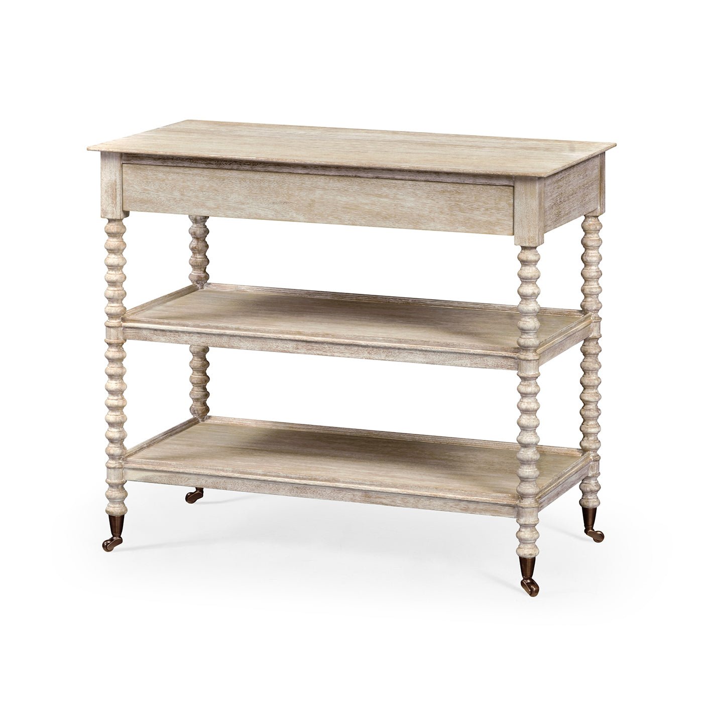 Angled view of whitewashed end table with three tiers.