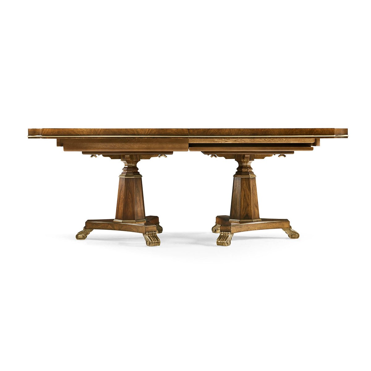 English traditional dining table with both pedestals, side view.