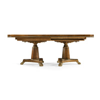 English traditional dining table with both pedestals, side view.