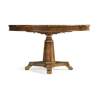 Side profile of round dining table with pedestal base.