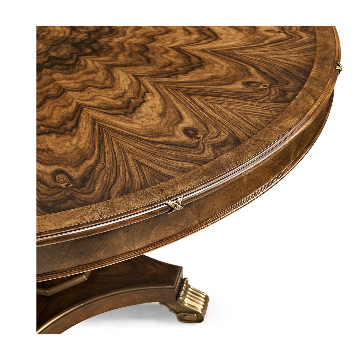 Detailed edge view of round dining table surface.