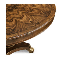 Detailed edge view of round dining table surface.