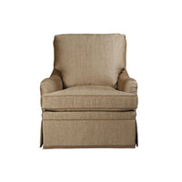 Beige upholstered armchair, front view, timeless style accent chair.