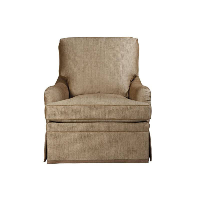 Beige upholstered armchair, front view, timeless style accent chair.