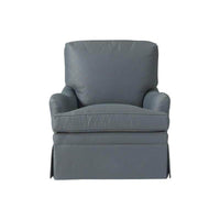 Gray upholstered armchair, front view, plush cushions accent chair.