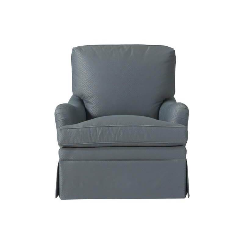Gray upholstered armchair, front view, plush cushions accent chair.