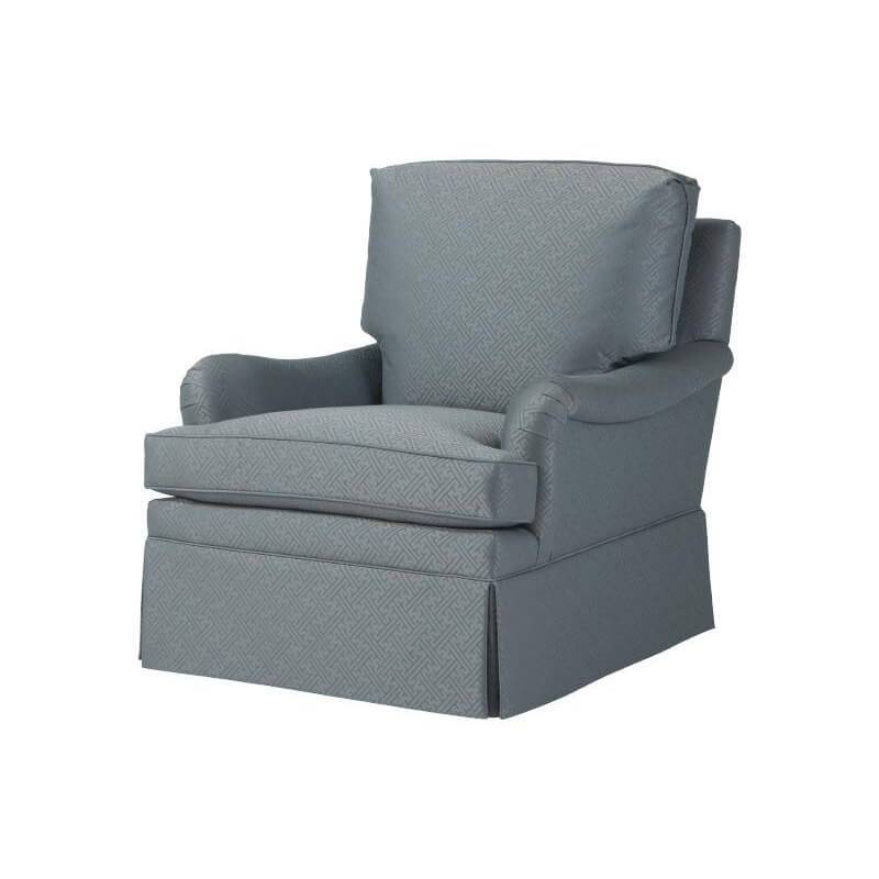 Gray upholstered armchair, front view, comfortable design accent chair.