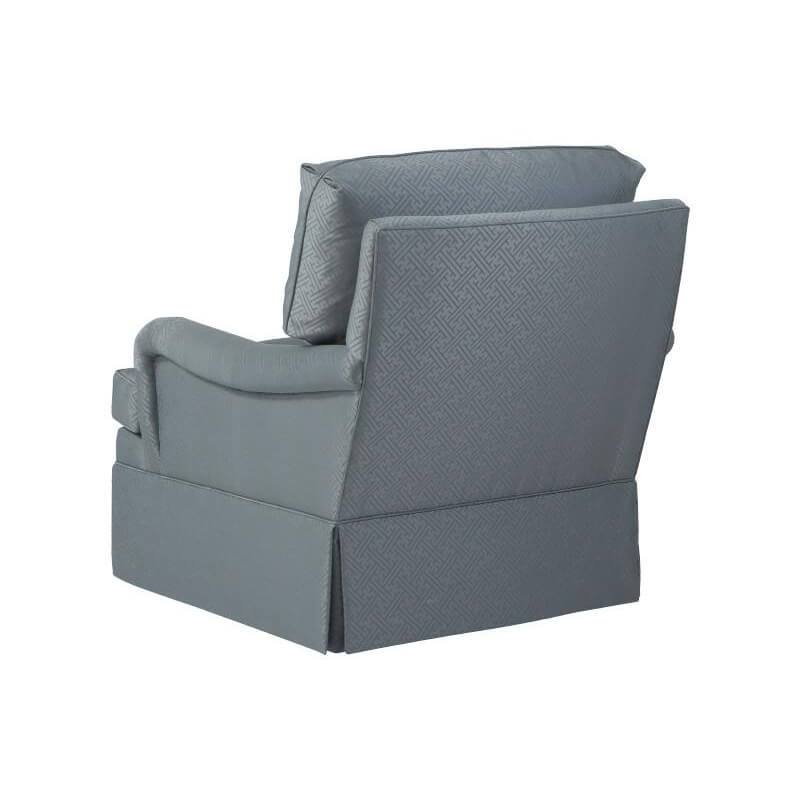Gray upholstered armchair, back angled view, sleek accent chair.