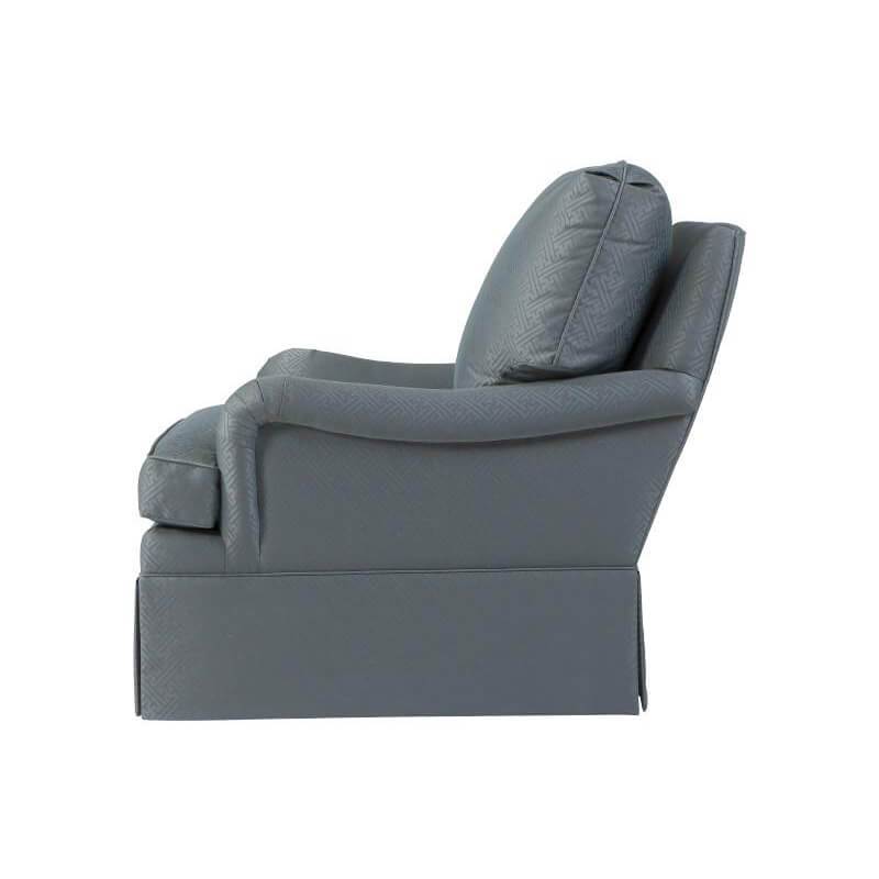Gray upholstered armchair, side view, classic style accent chair.