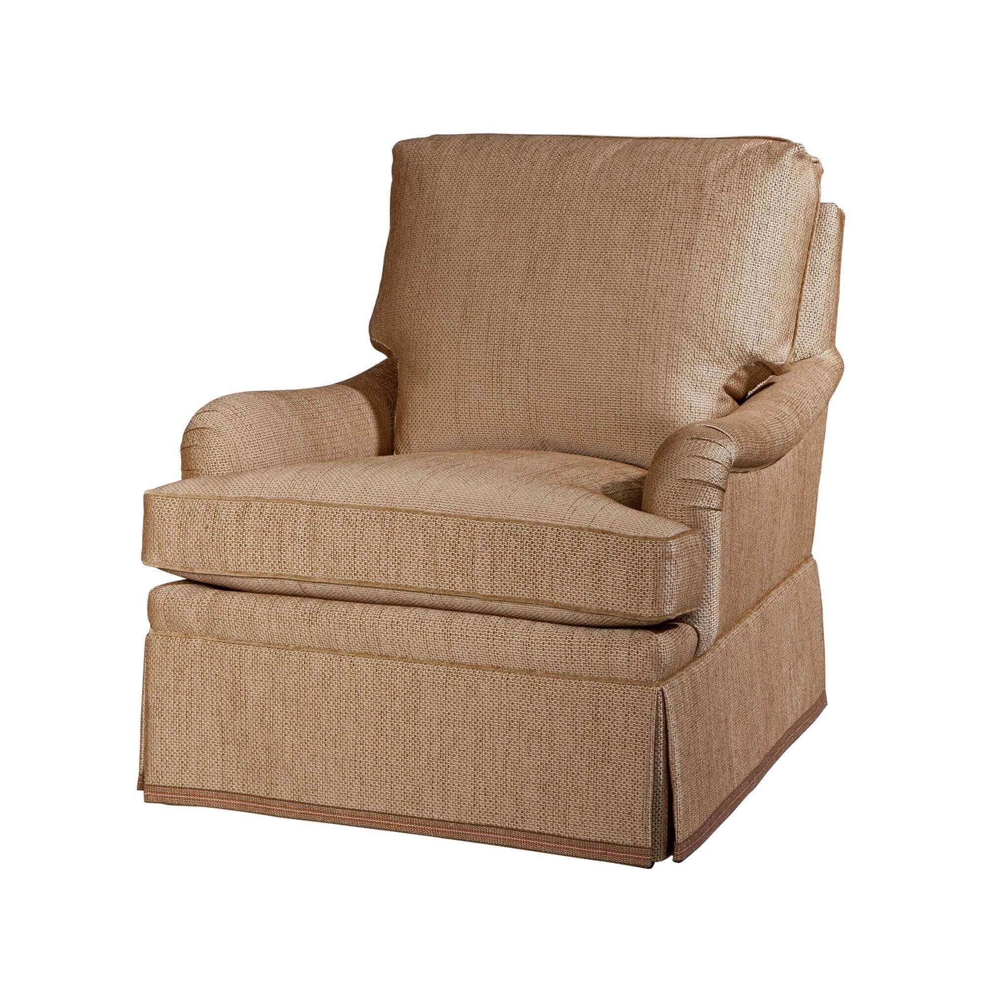 Beige upholstered armchair, front view, elegant library accent chair.