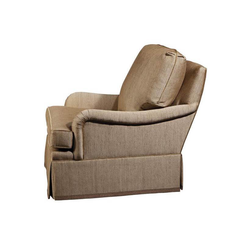 Beige upholstered armchair, side view, cozy design accent chair.