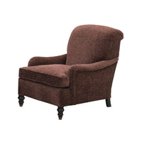 Side view of Victorian armchair, dark wood legs.