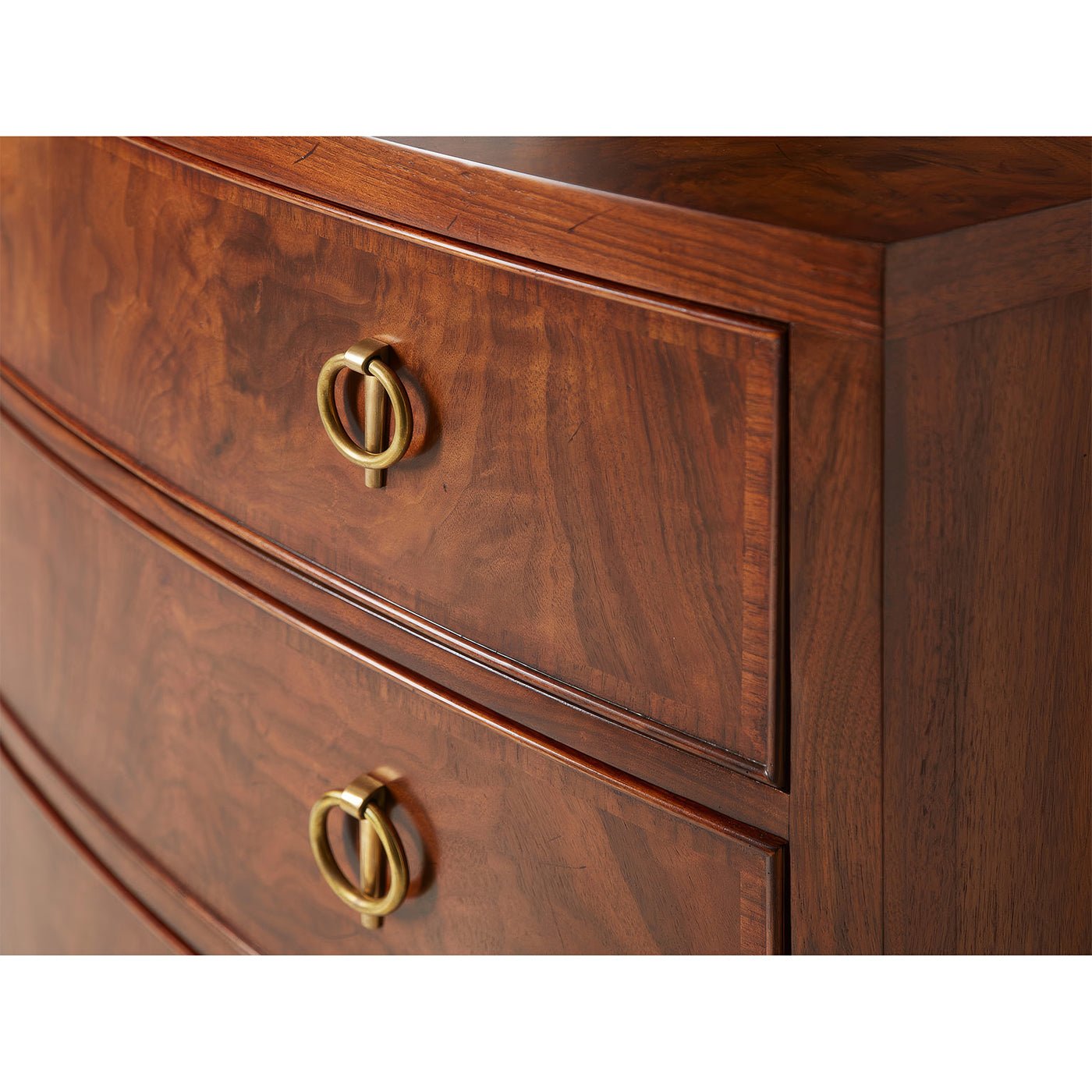 English walnut chest of drawers, close-up on handles.