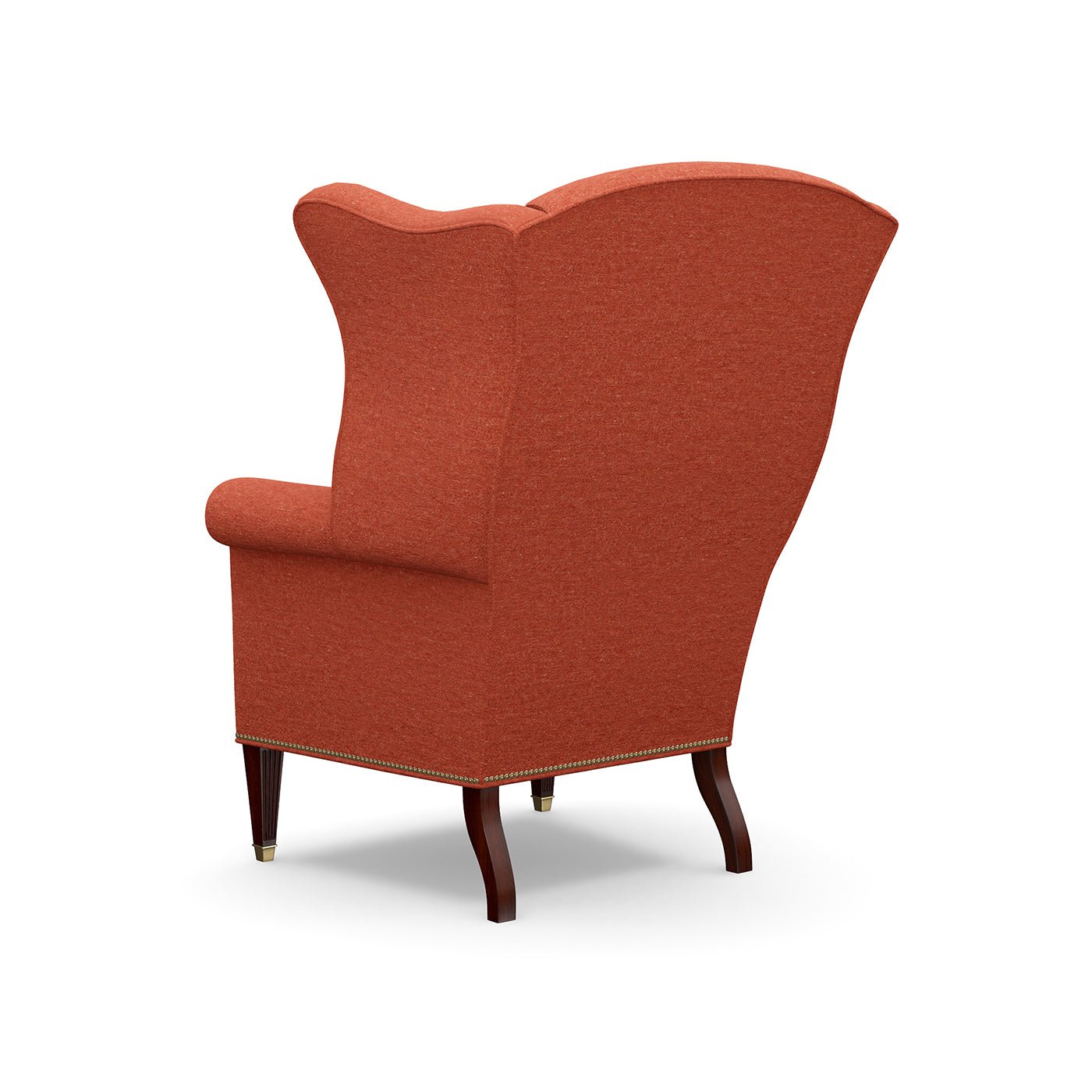 Back view of red English wingchair accent chair design.