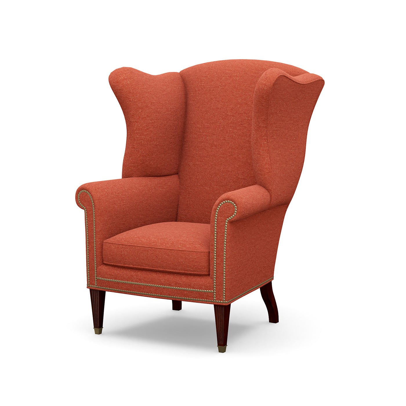 Red English wingchair front view accent chair upholstery.