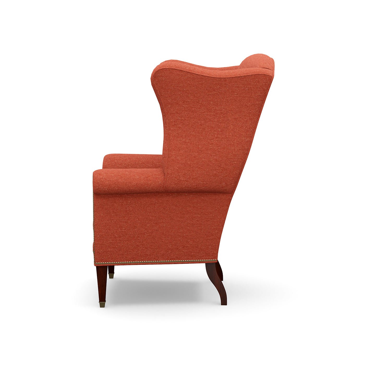 Side profile of red English wingchair accent chair.