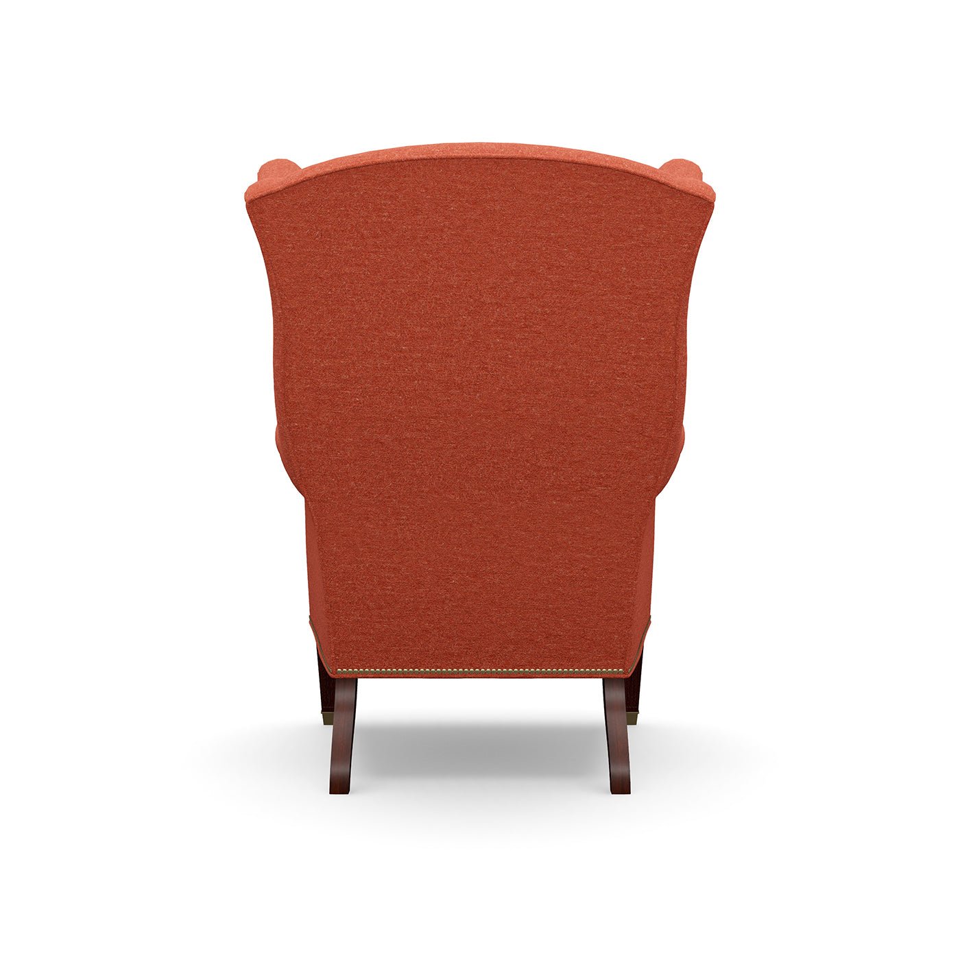 Rear perspective of red English wingchair accent chair.