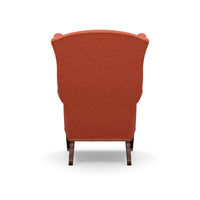 Rear perspective of red English wingchair accent chair.