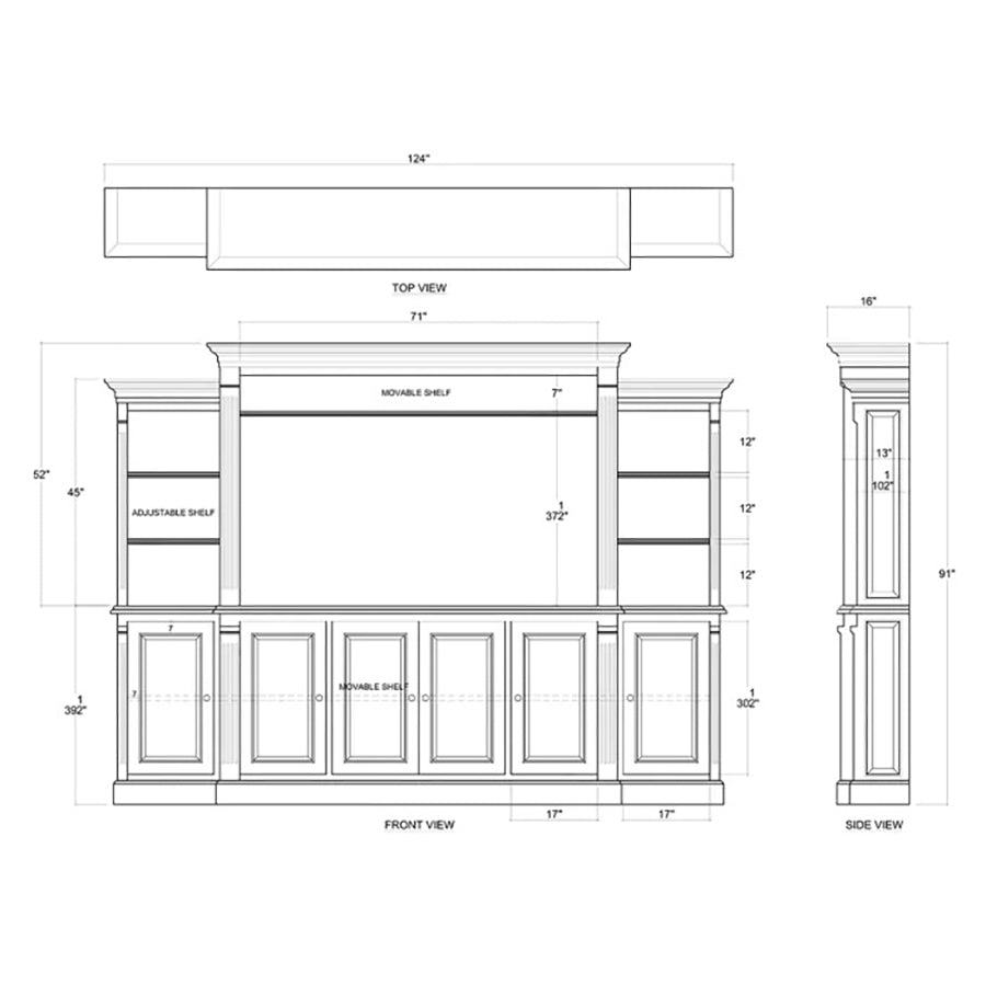 Dimensioned diagram of black entertainment center wall unit.