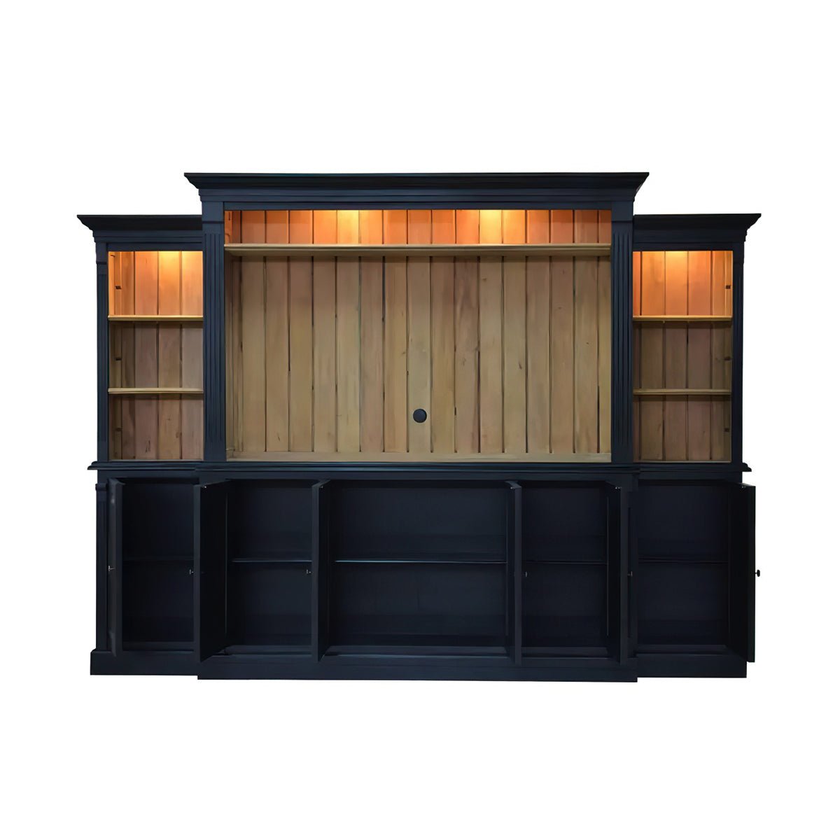 Open lower cabinets on black entertainment center with lights.