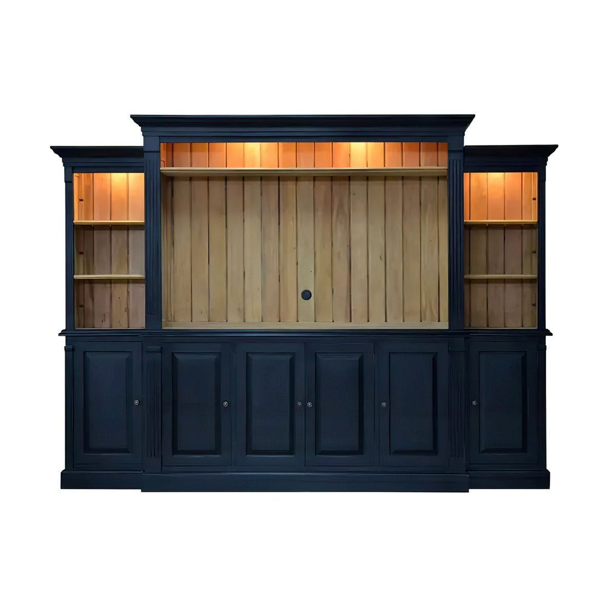 Black entertainment center front view with empty shelves lit.