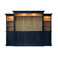 Black entertainment center front view with empty shelves lit.