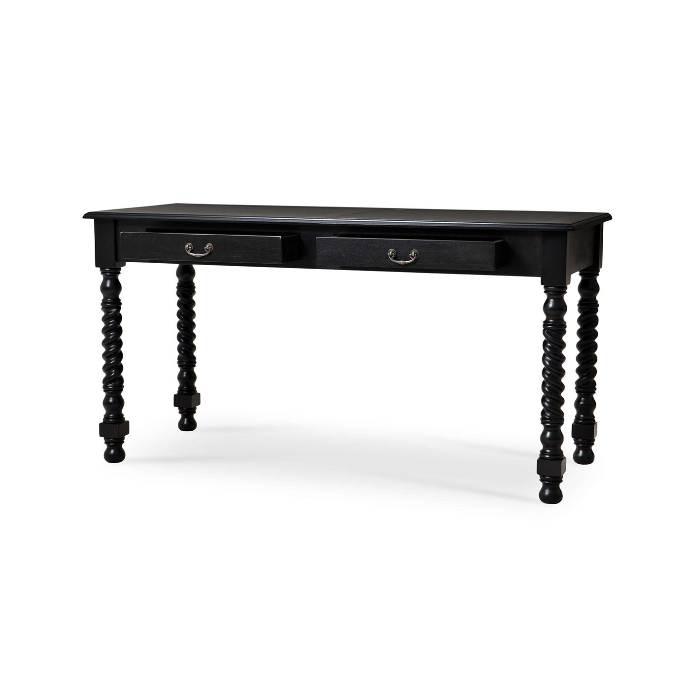 Black rustic desk, angled from right.
