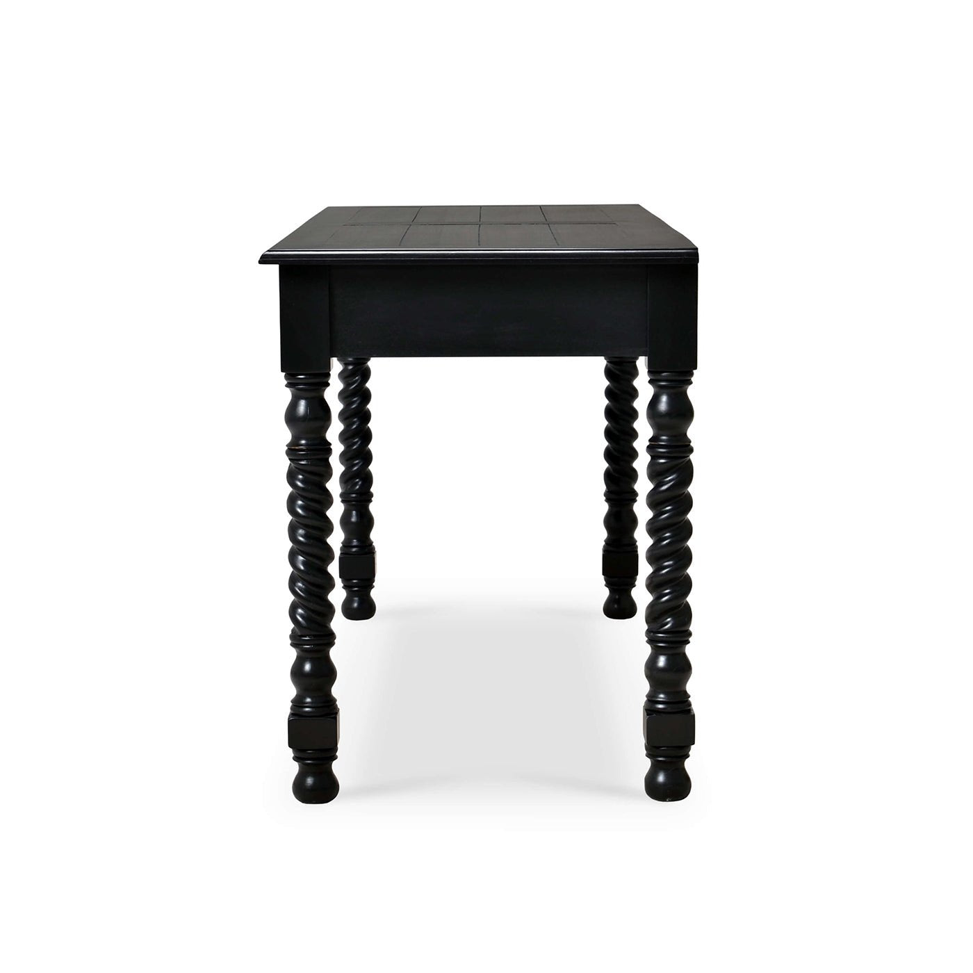 Black rustic desk side profile, twisted legs detail.