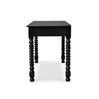 Black rustic desk side profile, twisted legs detail.