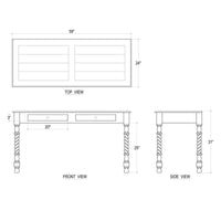 Black rustic desk dimensions diagram, top, front, side views.