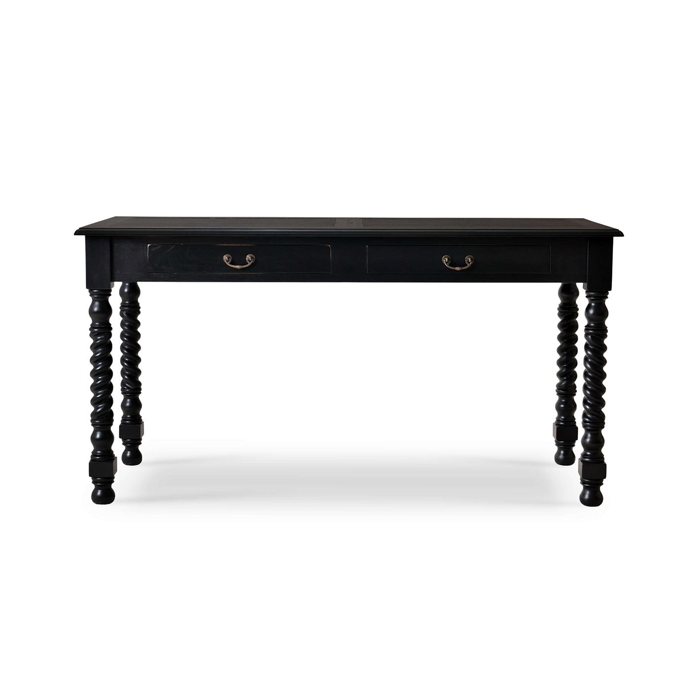 Black rustic desk, straight front perspective.