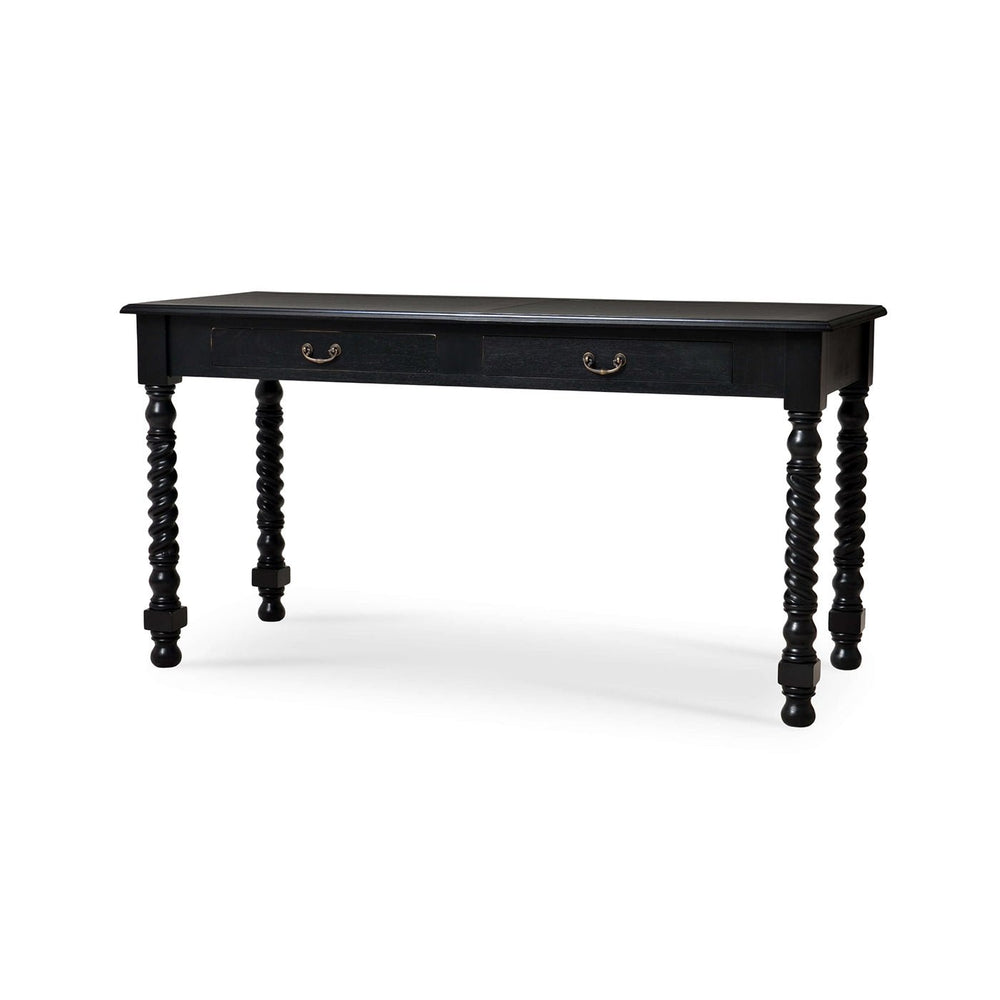 Black rustic desk with turned legs, angled view.