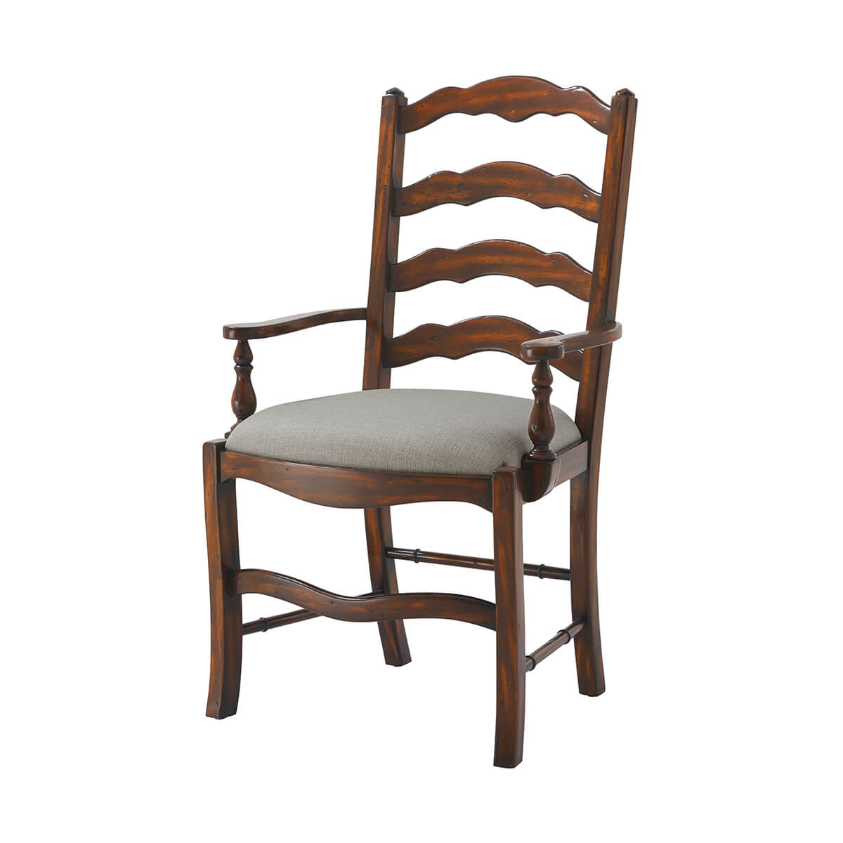 Wooden armchair with cushioned seat, front view.