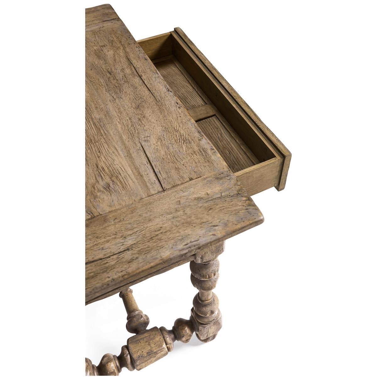 Open drawer detail on rustic nightstand.