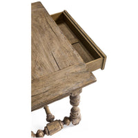 Open drawer detail on rustic nightstand.