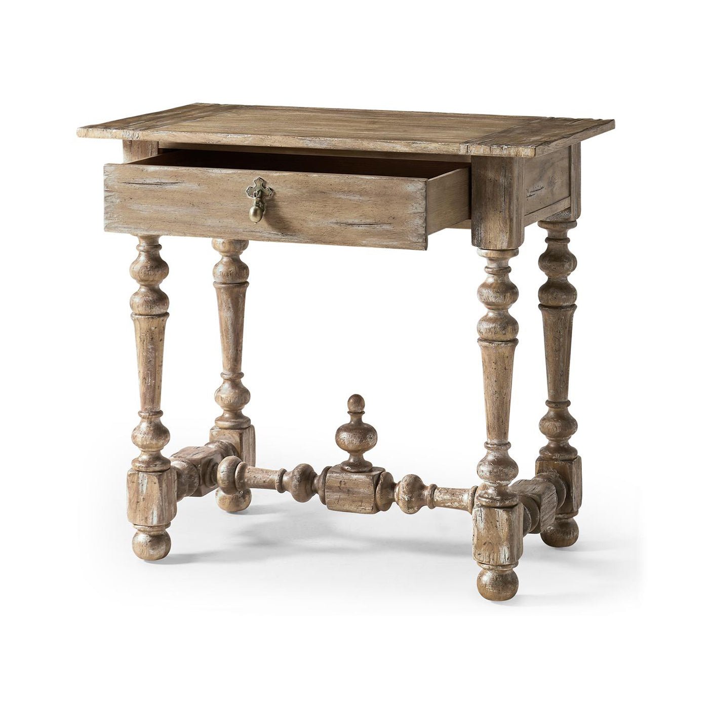 Nightstand with open drawer, side angle.