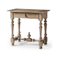 Rustic nightstand with turned legs, front view.