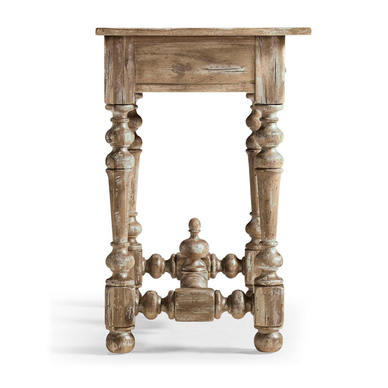 Side view of nightstand showcasing turned legs.
