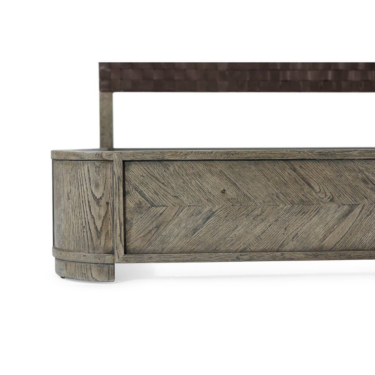Detail of bed frame, European Greyed Oak King Bed.