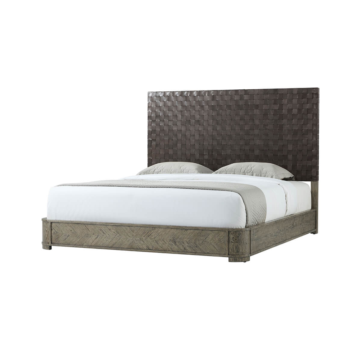 European Greyed Oak California King Bed, front angle.