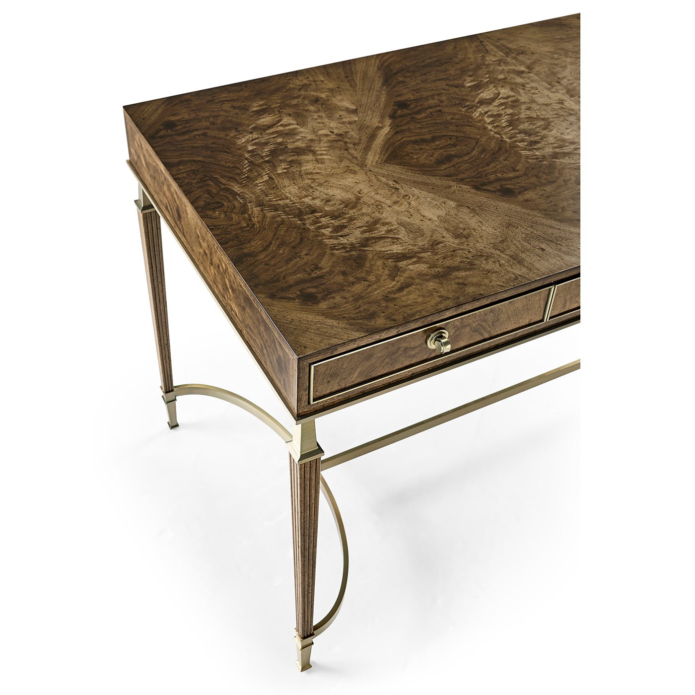 Close-up of walnut desk corner and leg design.