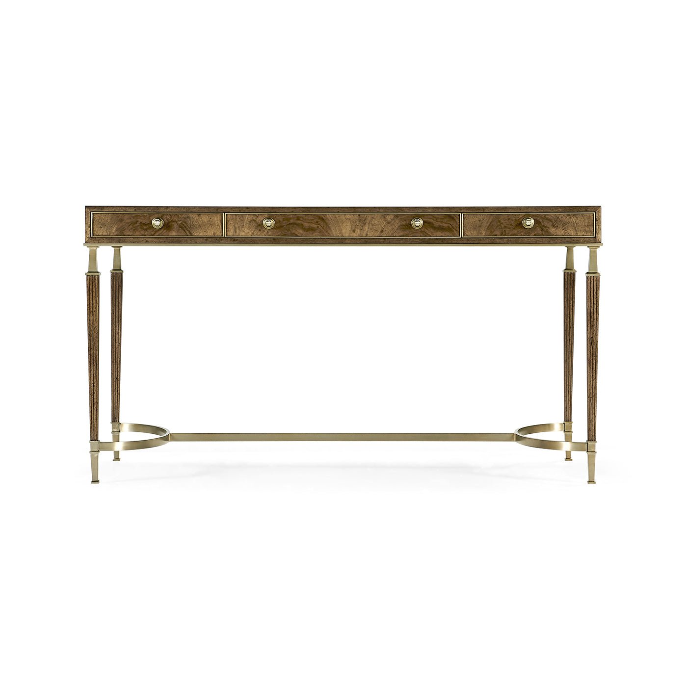 Front view of walnut desk with three drawers.