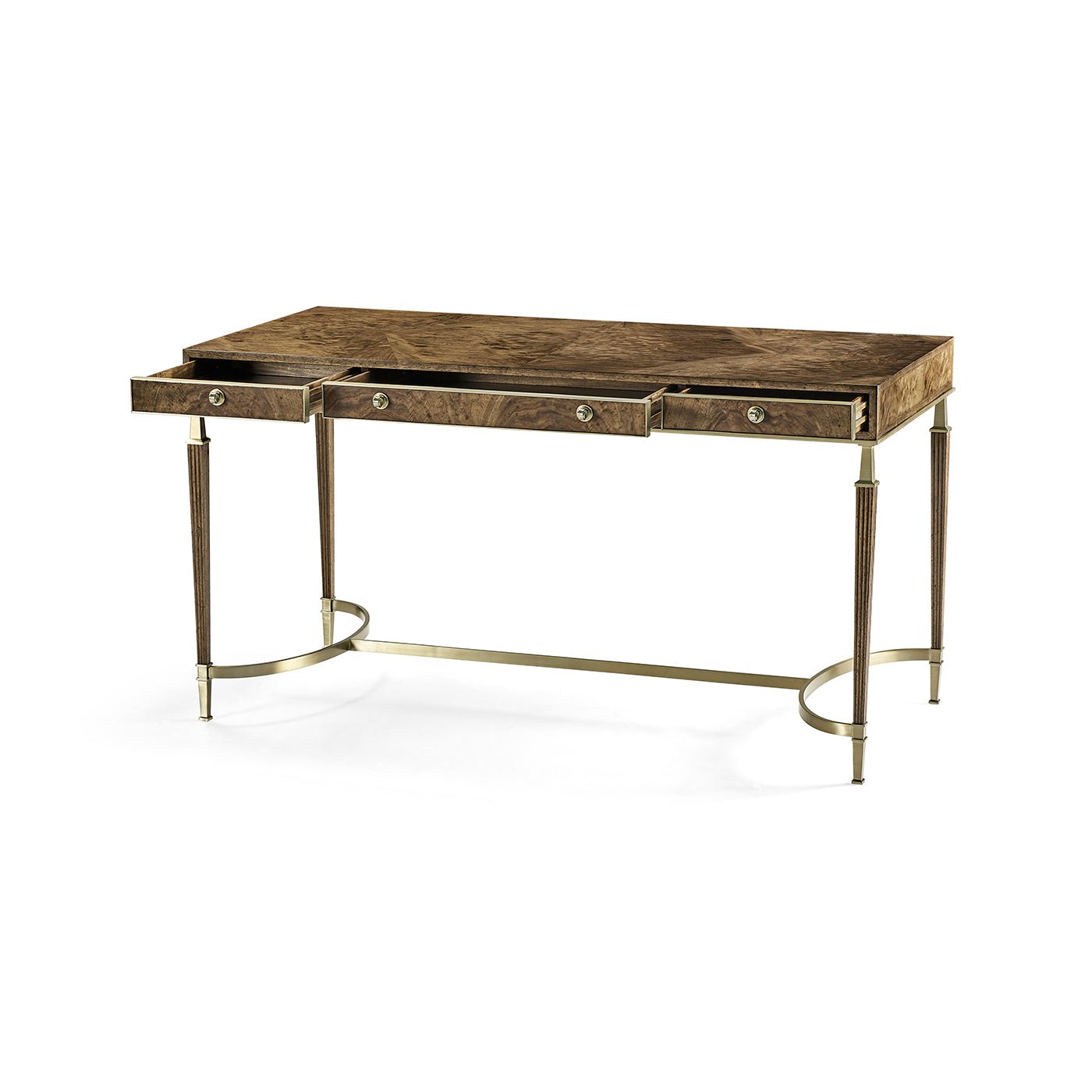 Walnut desk with drawers slightly open, angled view.