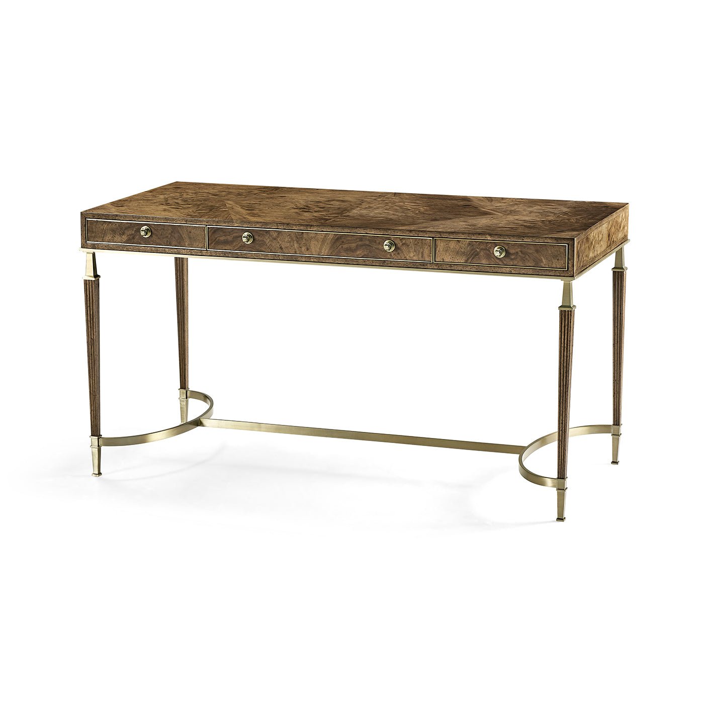 Walnut desk with metal accents, angled view.