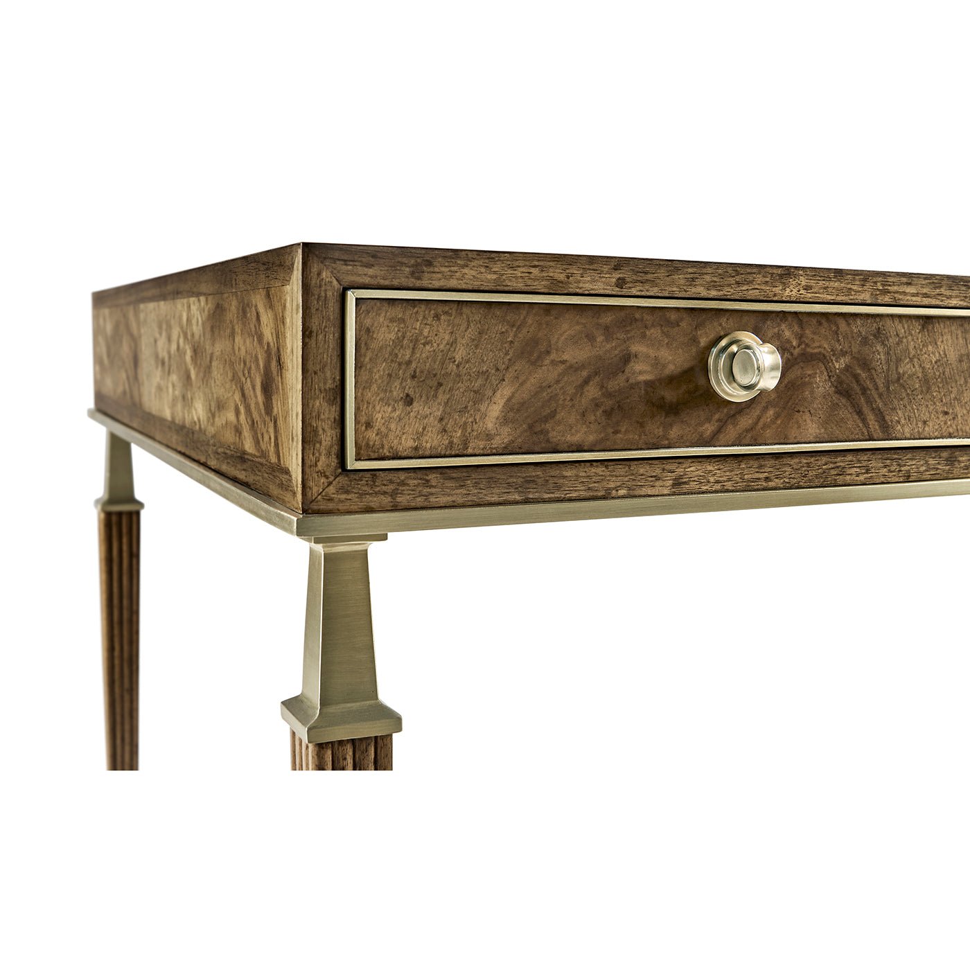 Close-up of walnut desk drawer and knob detail.